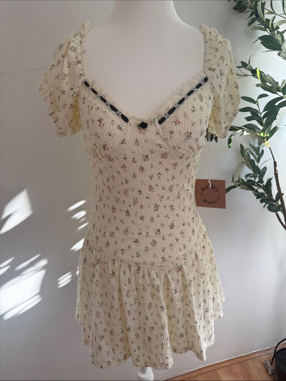 Cream Floral Mini Dress with Puff Sleeves